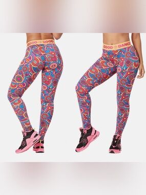 Zumba Feel Good Dance Good Leggings Large Colorful Retro Print